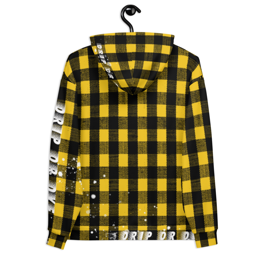 CRXWN | Drip or Dye | Plaid Season 1 Unisex Hoodie Custom Buffalo Plaid Retro Grunge Paint Splatter 12 Retro Black UNIVERSITY GOLD