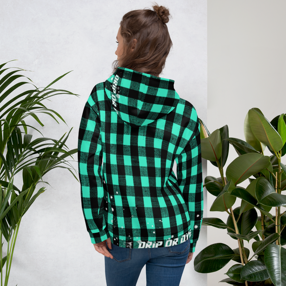 CRXWN | Drip or Dye | Plaid Season 1 Unisex Hoodie Custom Buffalo Plaid Retro Grunge Paint Splatter Seafoam Teal