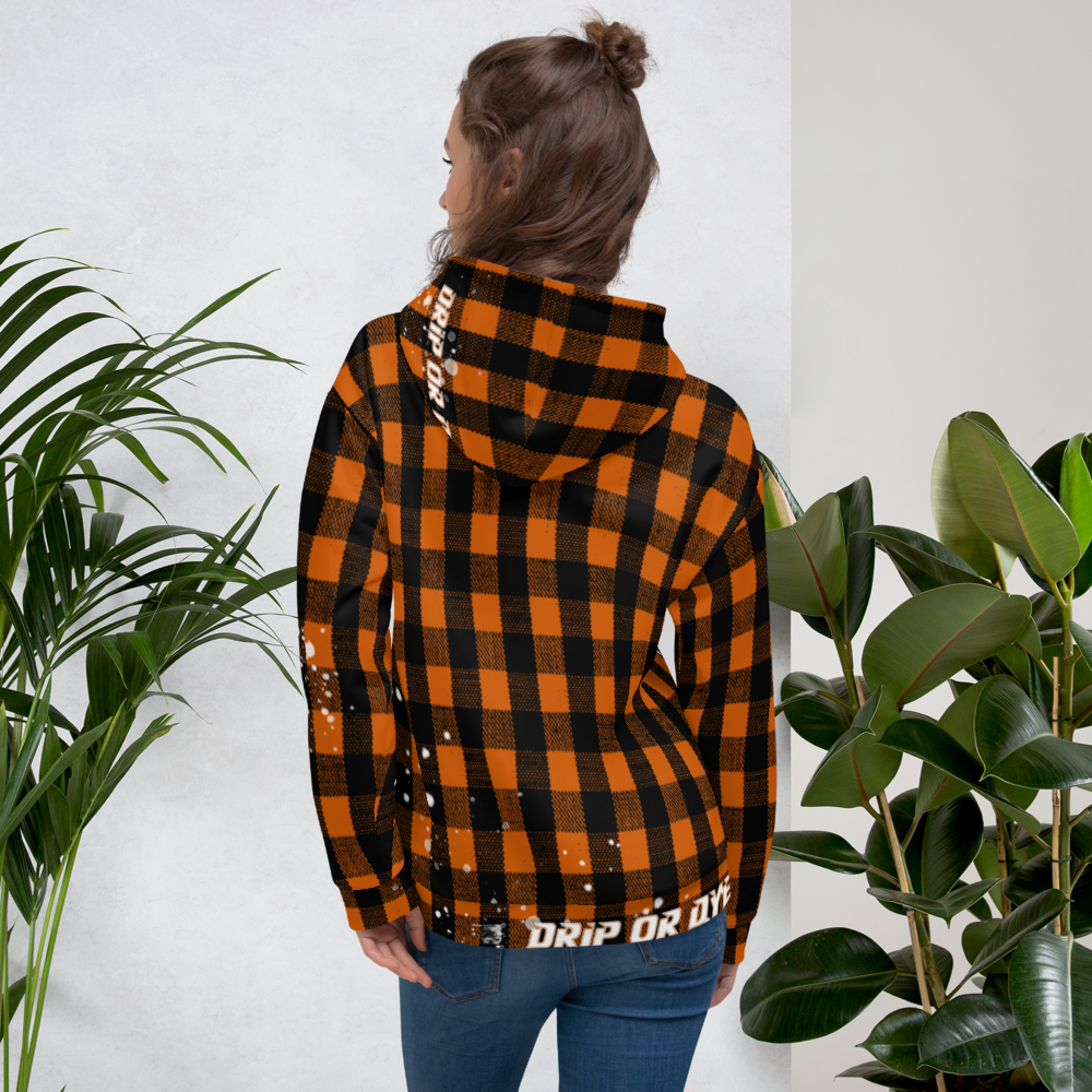 CRXWN | Drip or Dye | Plaid Season 1 Unisex Hoodie Custom Buffalo Plaid Retro Grunge Paint Splatter Sienna Orange Halloween