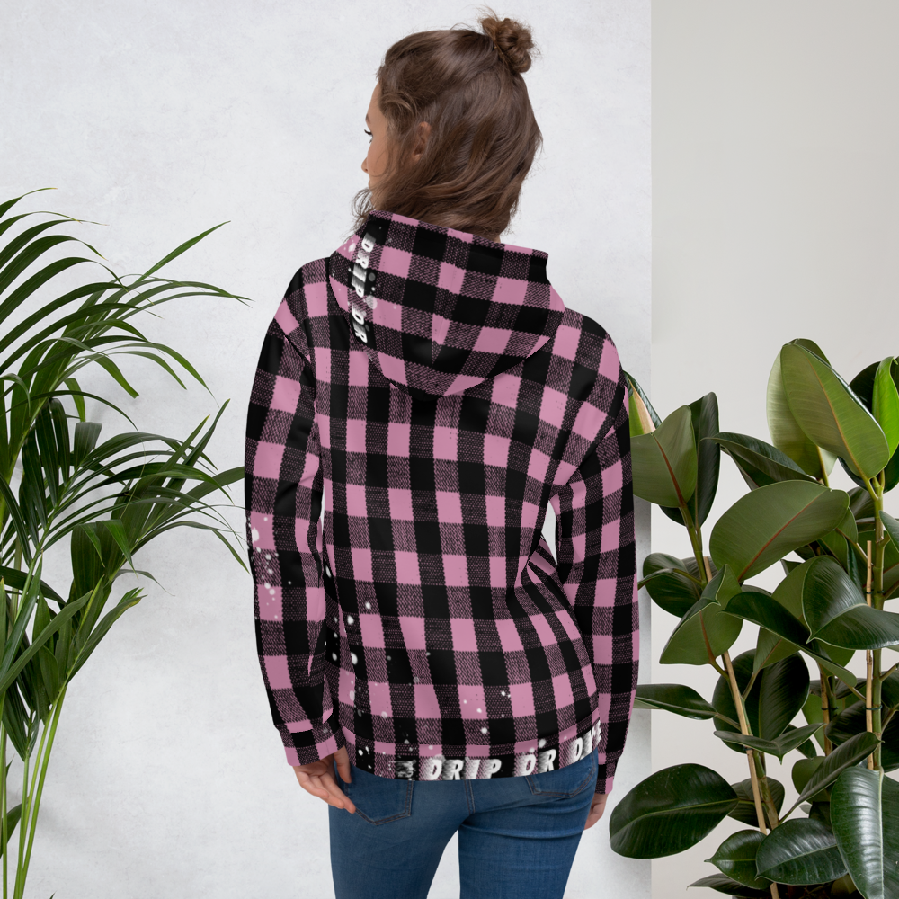 CRXWN | Drip or Dye | Plaid Season 1 Unisex Hoodie Custom Buffalo Plaid Retro Grunge Paint Splatter Digital Pink