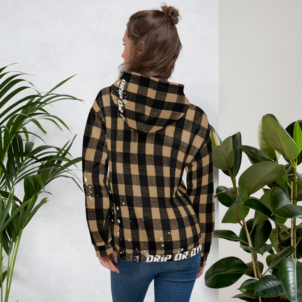 CRXWN | Drip or Dye | Plaid Season 1 Unisex Hoodie Custom Buffalo Plaid Retro Grunge Paint Splatter Tan Sands