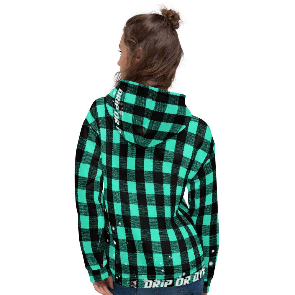 CRXWN | Drip or Dye | Plaid Season 1 Unisex Hoodie Custom Buffalo Plaid Retro Grunge Paint Splatter Seafoam Teal