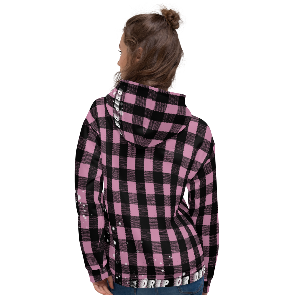 CRXWN | Drip or Dye | Plaid Season 1 Unisex Hoodie Custom Buffalo Plaid Retro Grunge Paint Splatter Digital Pink