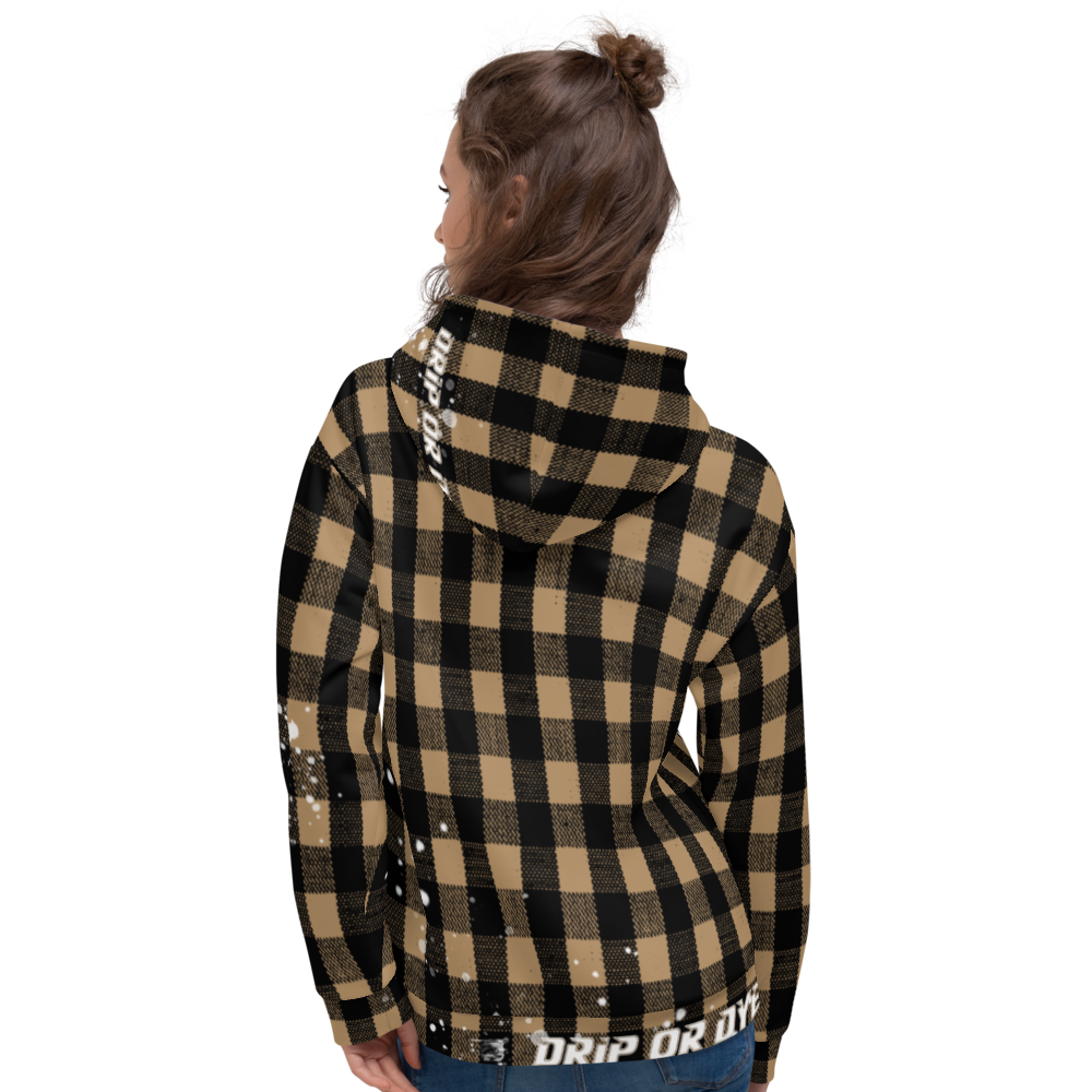 CRXWN | Drip or Dye | Plaid Season 1 Unisex Hoodie Custom Buffalo Plaid Retro Grunge Paint Splatter Tan Sands