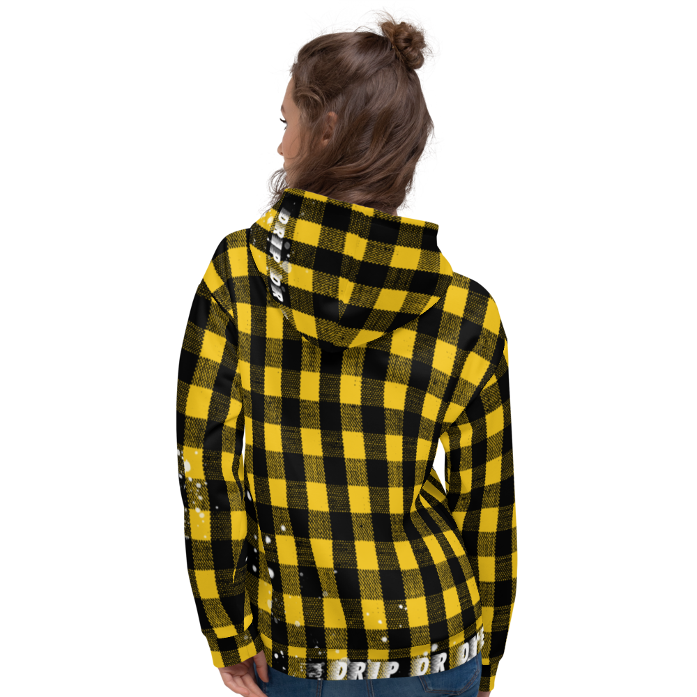 CRXWN | Drip or Dye | Plaid Season 1 Unisex Hoodie Custom Buffalo Plaid Retro Grunge Paint Splatter 12 Retro Black UNIVERSITY GOLD