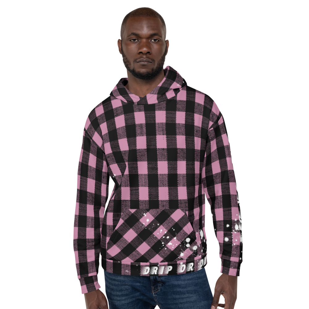 CRXWN | Drip or Dye | Plaid Season 1 Unisex Hoodie Custom Buffalo Plaid Retro Grunge Paint Splatter Digital Pink