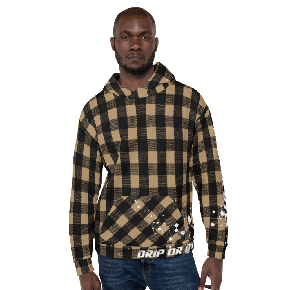 CRXWN | Drip or Dye | Plaid Season 1 Unisex Hoodie Custom Buffalo Plaid Retro Grunge Paint Splatter Tan Sands