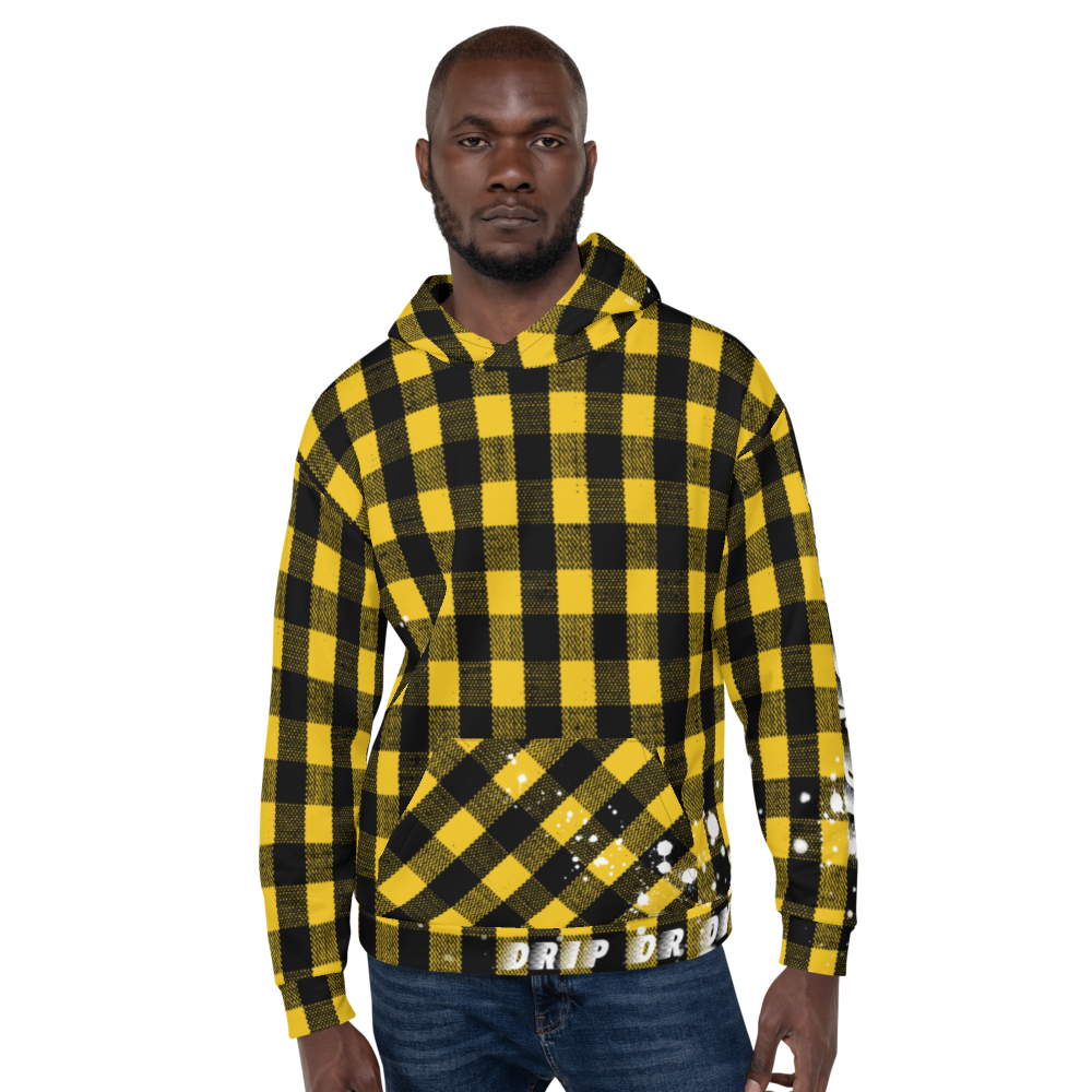 CRXWN | Drip or Dye | Plaid Season 1 Unisex Hoodie Custom Buffalo Plaid Retro Grunge Paint Splatter 12 Retro Black UNIVERSITY GOLD