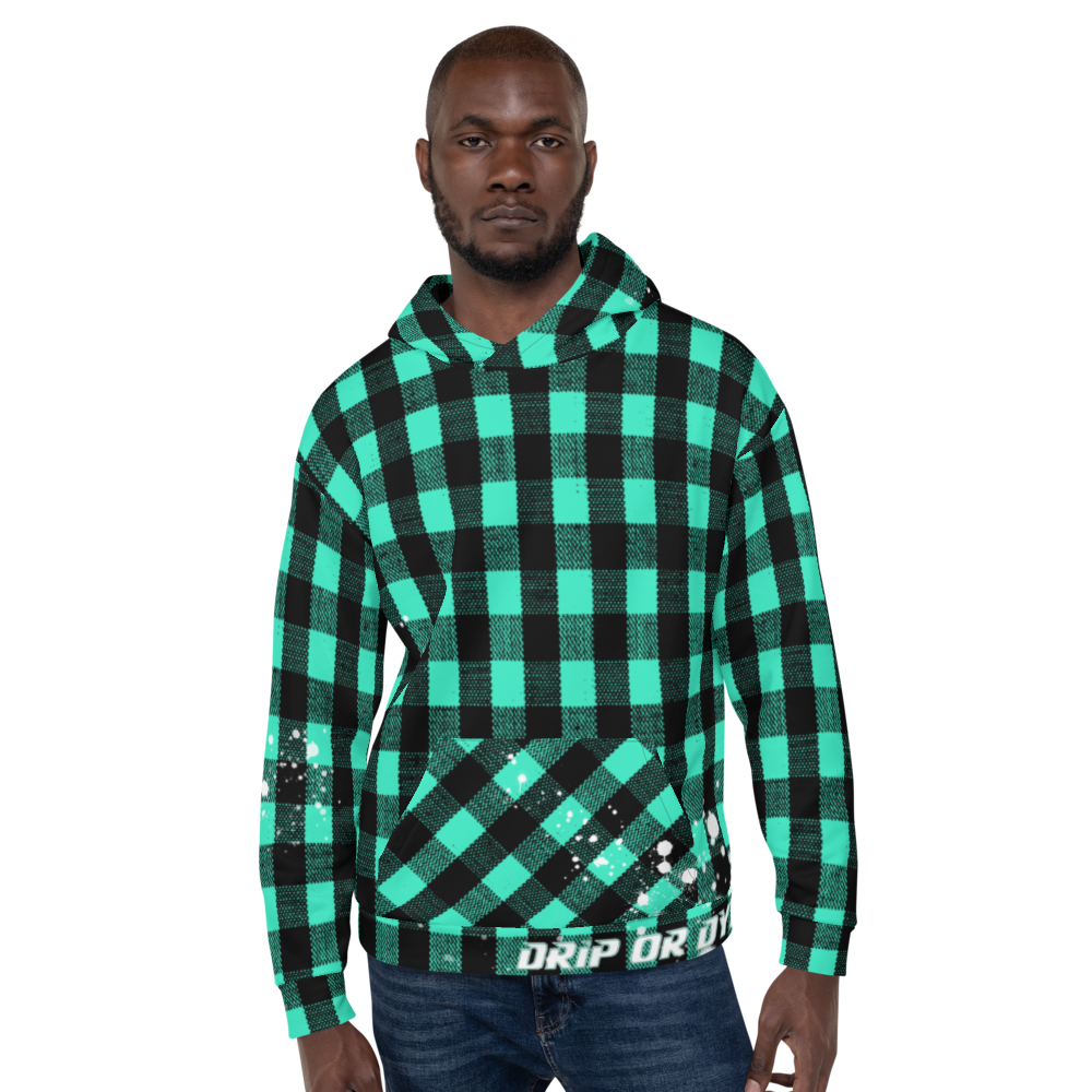 CRXWN | Drip or Dye | Plaid Season 1 Unisex Hoodie Custom Buffalo Plaid Retro Grunge Paint Splatter Seafoam Teal