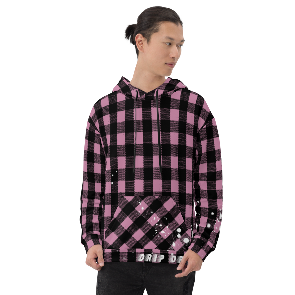 CRXWN | Drip or Dye | Plaid Season 1 Unisex Hoodie Custom Buffalo Plaid Retro Grunge Paint Splatter Digital Pink