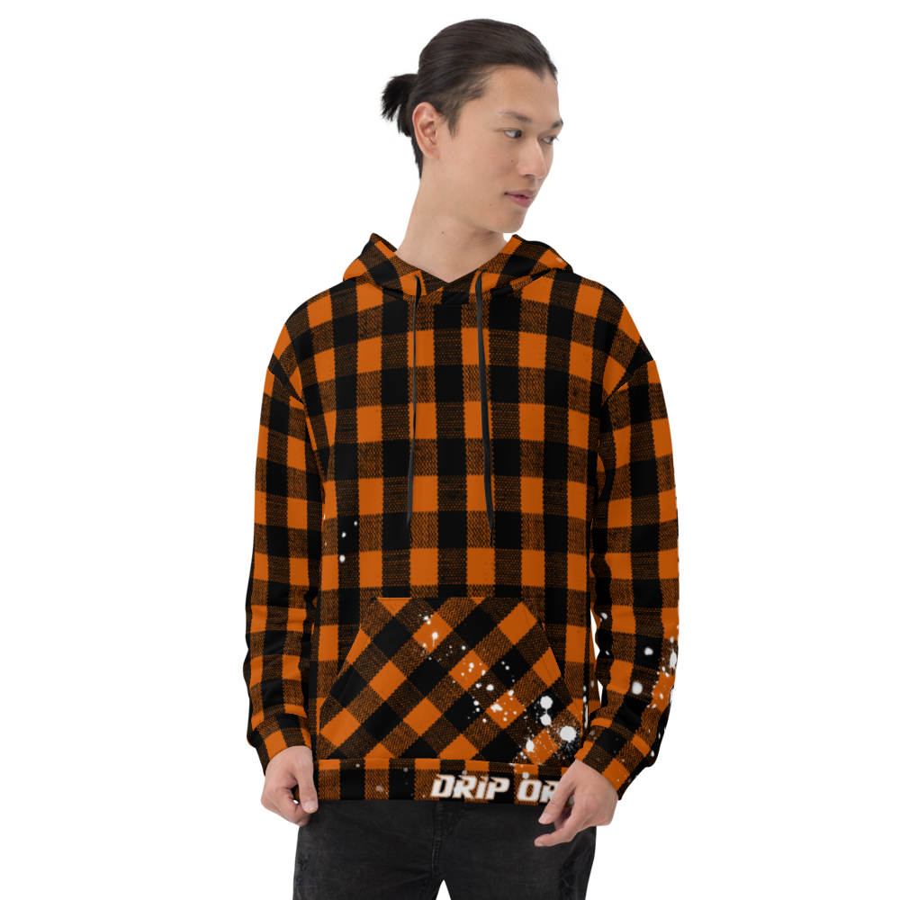 CRXWN | Drip or Dye | Plaid Season 1 Unisex Hoodie Custom Buffalo Plaid Retro Grunge Paint Splatter Sienna Orange Halloween