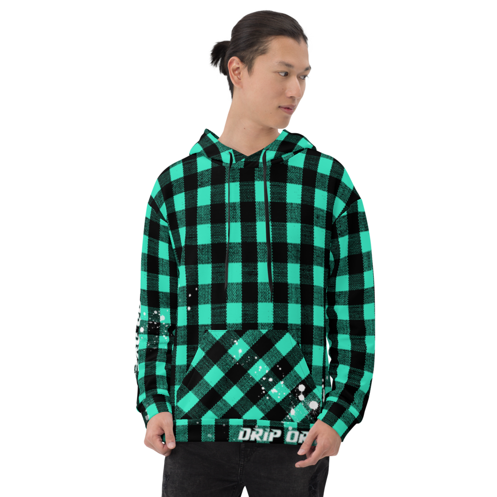 CRXWN | Drip or Dye | Plaid Season 1 Unisex Hoodie Custom Buffalo Plaid Retro Grunge Paint Splatter Seafoam Teal