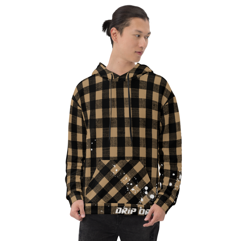 CRXWN | Drip or Dye | Plaid Season 1 Unisex Hoodie Custom Buffalo Plaid Retro Grunge Paint Splatter Tan Sands