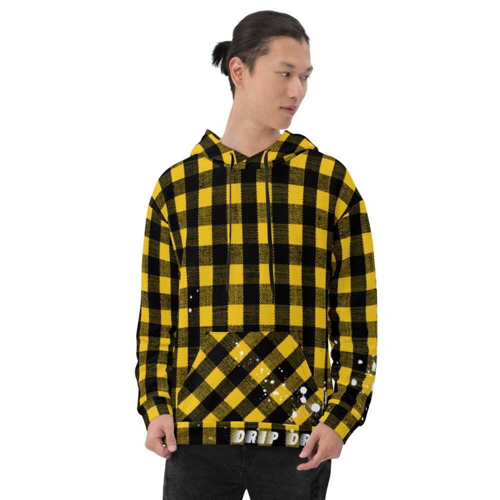 CRXWN | Drip or Dye | Plaid Season 1 Unisex Hoodie Custom Buffalo Plaid Retro Grunge Paint Splatter 12 Retro Black UNIVERSITY GOLD