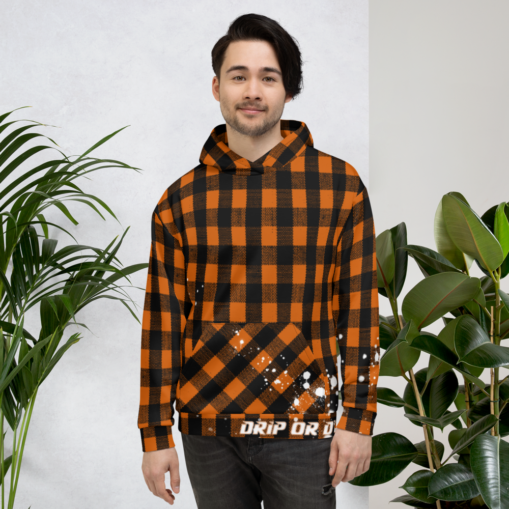 CRXWN | Drip or Dye | Plaid Season 1 Unisex Hoodie Custom Buffalo Plaid Retro Grunge Paint Splatter Sienna Orange Halloween