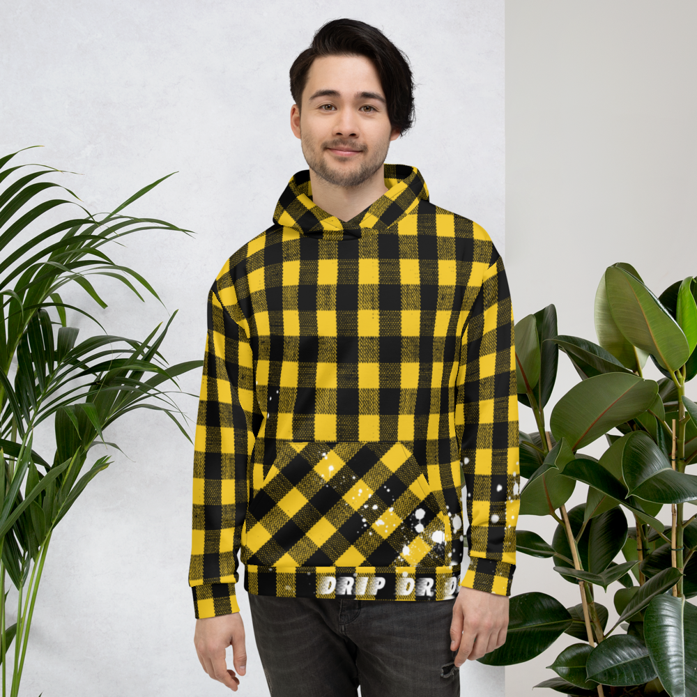 CRXWN | Drip or Dye | Plaid Season 1 Unisex Hoodie Custom Buffalo Plaid Retro Grunge Paint Splatter 12 Retro Black UNIVERSITY GOLD