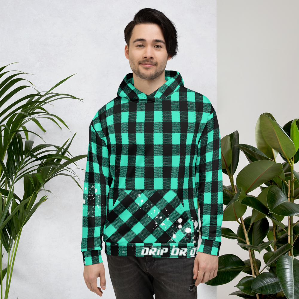 CRXWN | Drip or Dye | Plaid Season 1 Unisex Hoodie Custom Buffalo Plaid Retro Grunge Paint Splatter Seafoam Teal