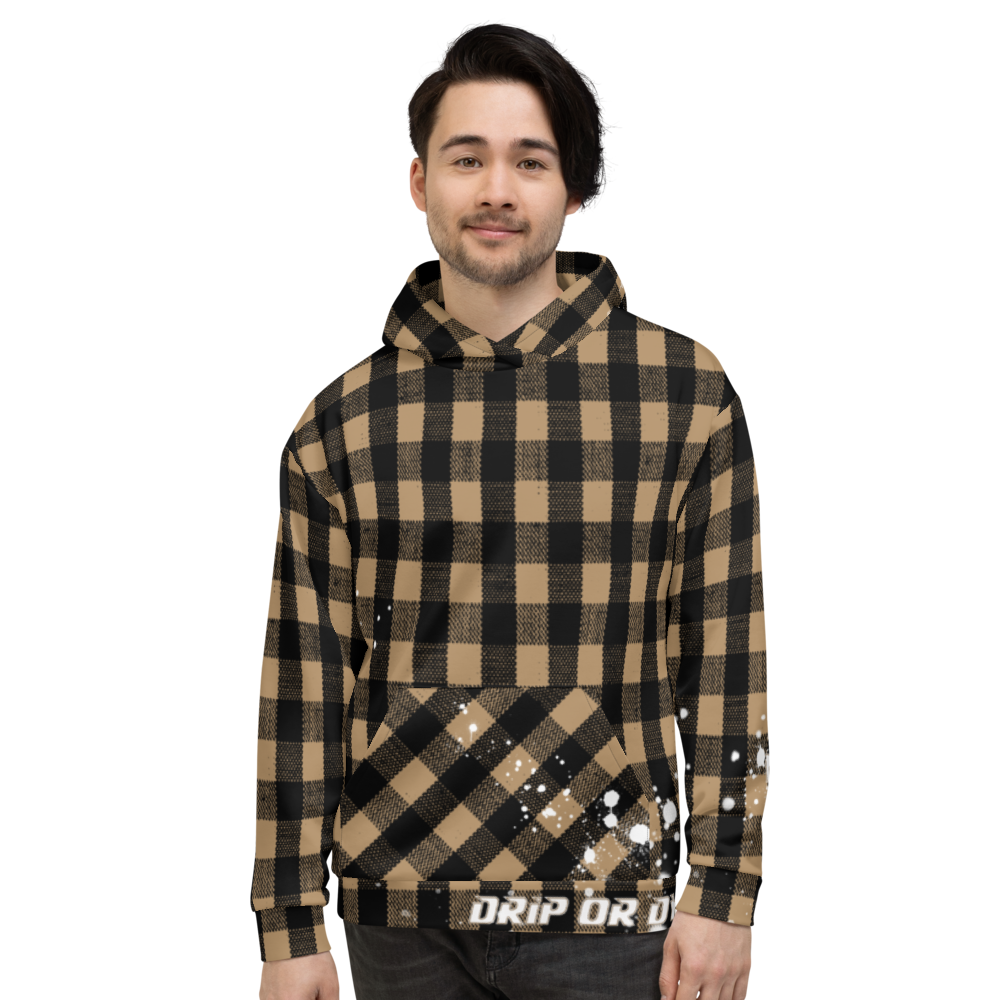 CRXWN | Drip or Dye | Plaid Season 1 Unisex Hoodie Custom Buffalo Plaid Retro Grunge Paint Splatter Tan Sands