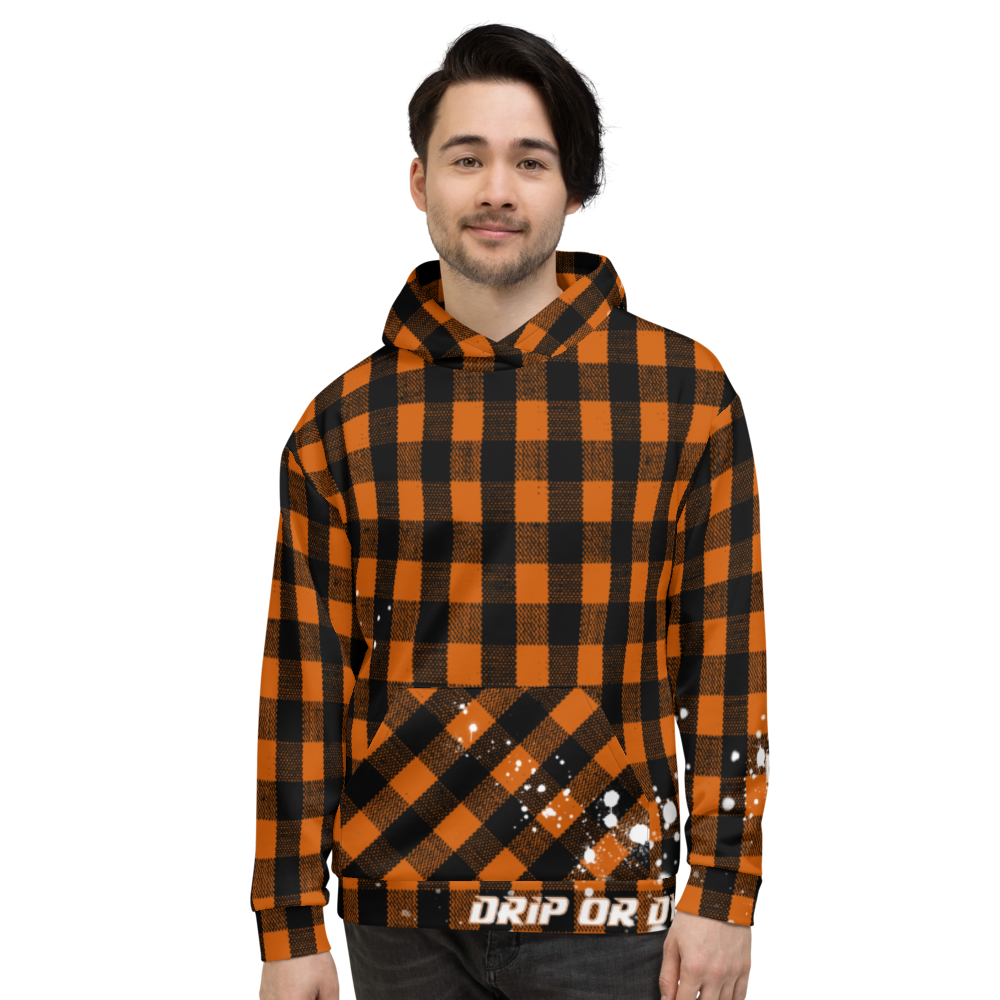 CRXWN | Drip or Dye | Plaid Season 1 Unisex Hoodie Custom Buffalo Plaid Retro Grunge Paint Splatter Sienna Orange Halloween