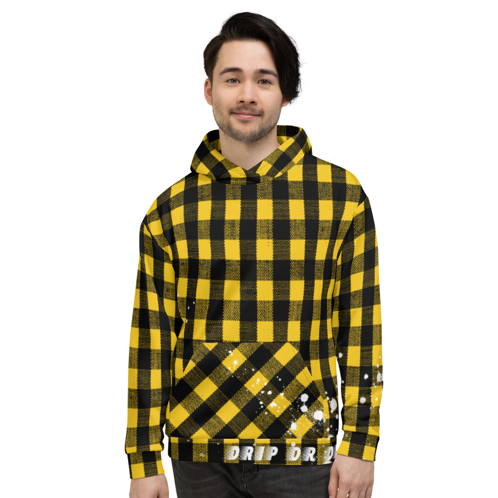 CRXWN | Drip or Dye | Plaid Season 1 Unisex Hoodie Custom Buffalo Plaid Retro Grunge Paint Splatter 12 Retro Black UNIVERSITY GOLD