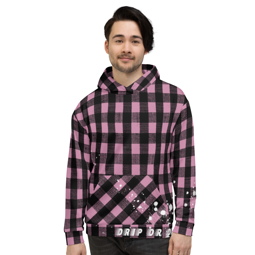 CRXWN | Drip or Dye | Plaid Season 1 Unisex Hoodie Custom Buffalo Plaid Retro Grunge Paint Splatter Digital Pink
