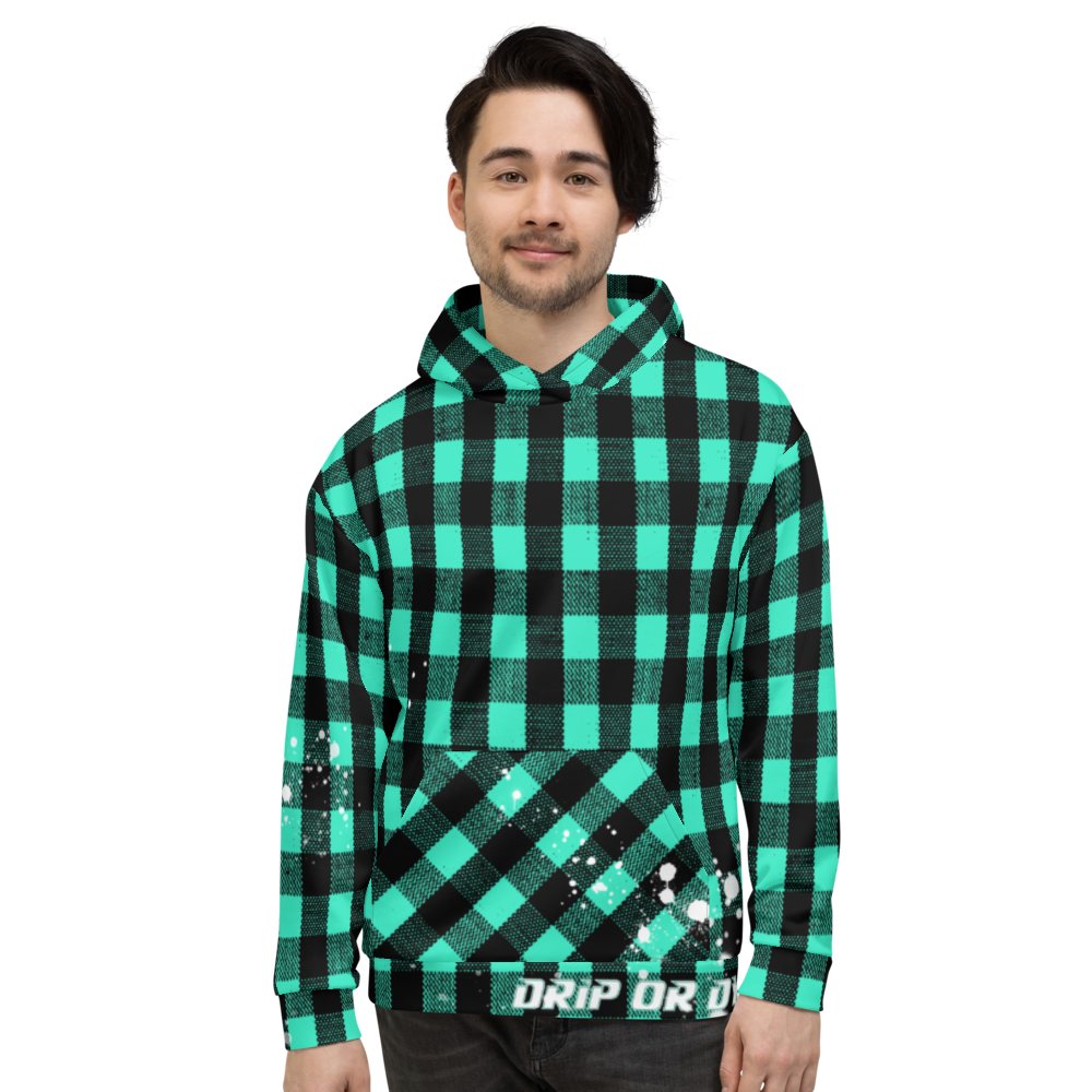 CRXWN | Drip or Dye | Plaid Season 1 Unisex Hoodie Custom Buffalo Plaid Retro Grunge Paint Splatter Seafoam Teal