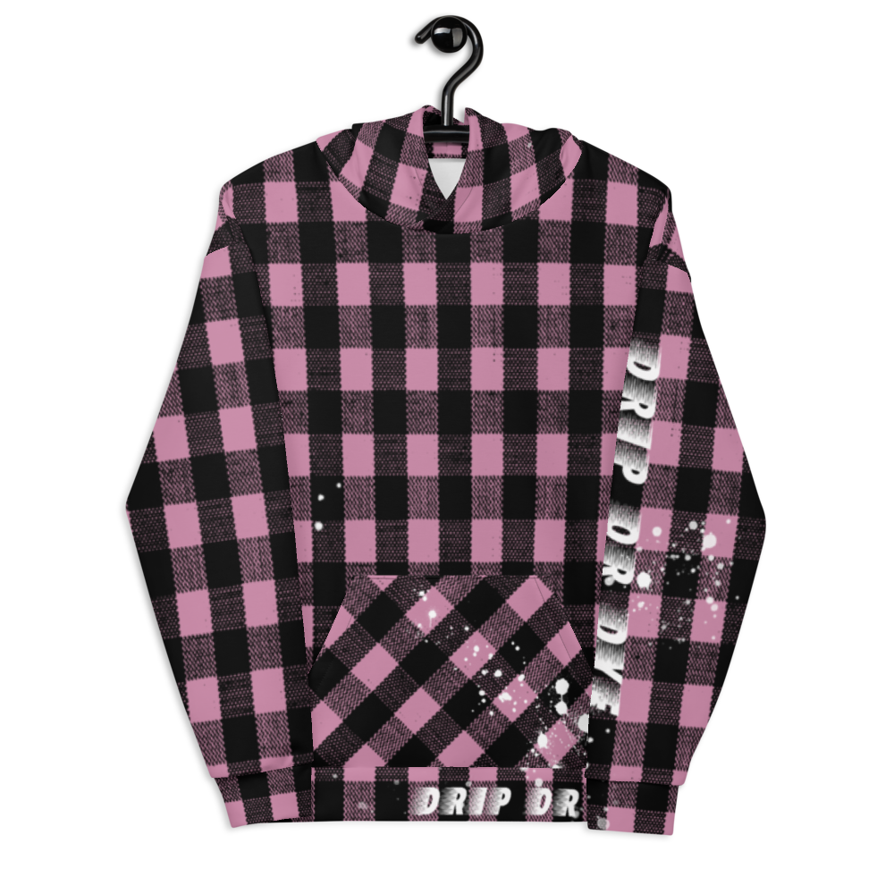 CRXWN | Drip or Dye | Plaid Season 1 Unisex Hoodie Custom Buffalo Plaid Retro Grunge Paint Splatter Digital Pink