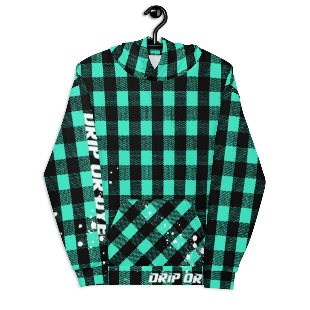 CRXWN | Drip or Dye | Plaid Season 1 Unisex Hoodie Custom Buffalo Plaid Retro Grunge Paint Splatter Seafoam Teal