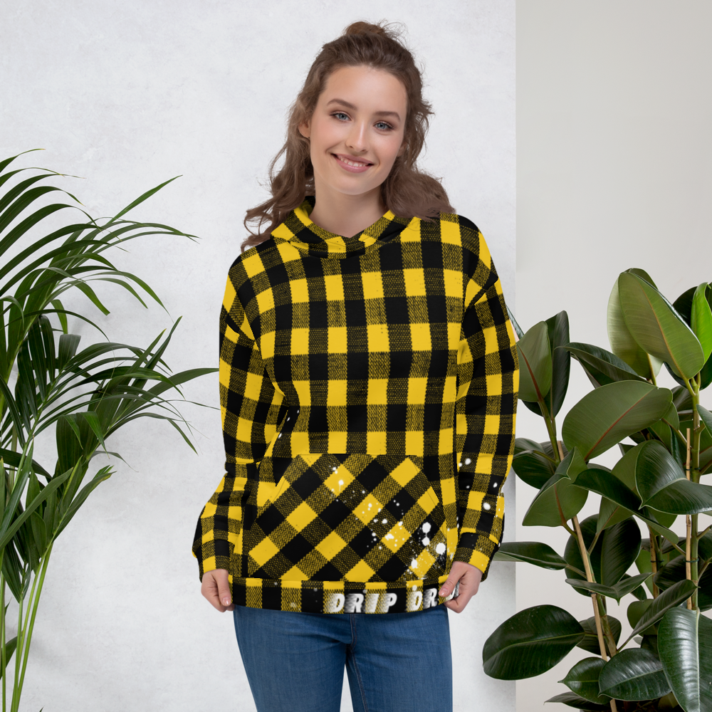 CRXWN | Drip or Dye | Plaid Season 1 Unisex Hoodie Custom Buffalo Plaid Retro Grunge Paint Splatter 12 Retro Black UNIVERSITY GOLD