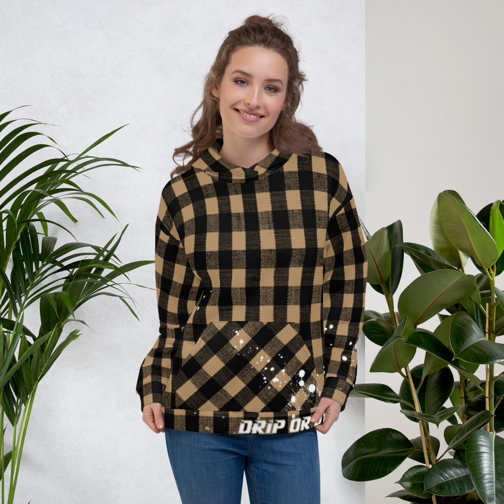 CRXWN | Drip or Dye | Plaid Season 1 Unisex Hoodie Custom Buffalo Plaid Retro Grunge Paint Splatter Tan Sands