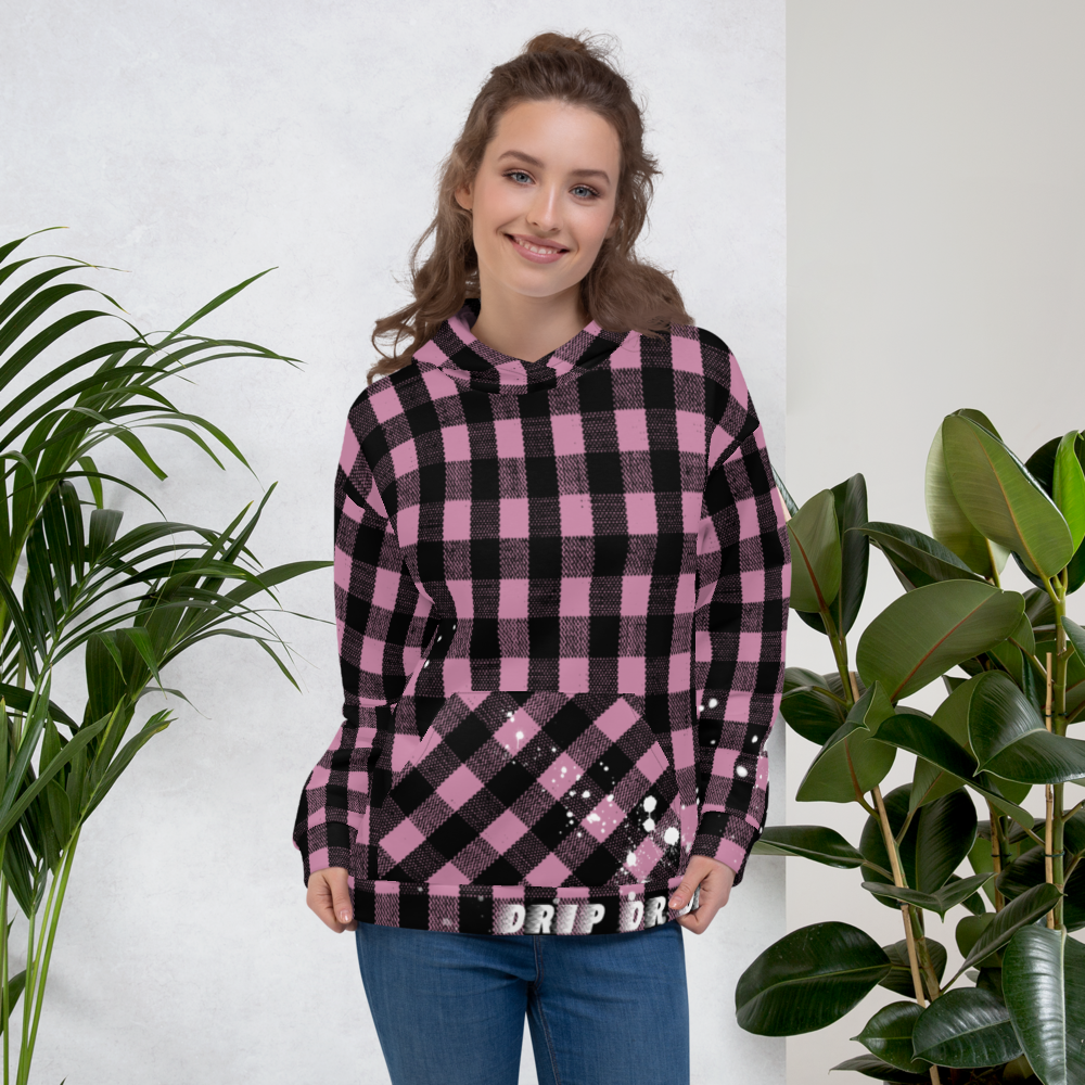 CRXWN | Drip or Dye | Plaid Season 1 Unisex Hoodie Custom Buffalo Plaid Retro Grunge Paint Splatter Digital Pink