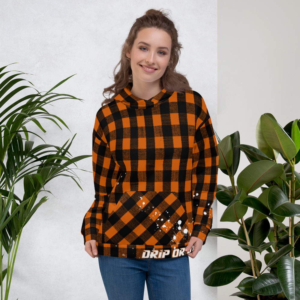 CRXWN | Drip or Dye | Plaid Season 1 Unisex Hoodie Custom Buffalo Plaid Retro Grunge Paint Splatter Sienna Orange Halloween