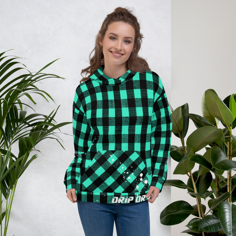 CRXWN | Drip or Dye | Plaid Season 1 Unisex Hoodie Custom Buffalo Plaid Retro Grunge Paint Splatter Seafoam Teal
