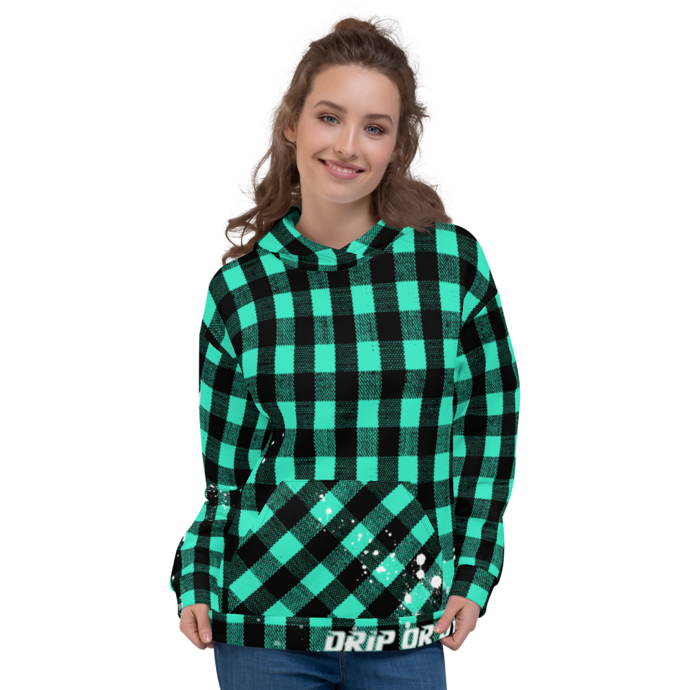CRXWN | Drip or Dye | Plaid Season 1 Unisex Hoodie Custom Buffalo Plaid Retro Grunge Paint Splatter Seafoam Teal
