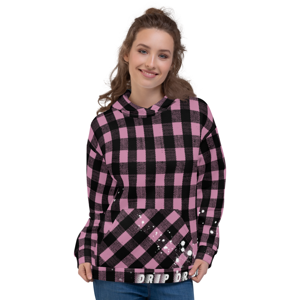 CRXWN | Drip or Dye | Plaid Season 1 Unisex Hoodie Custom Buffalo Plaid Retro Grunge Paint Splatter Digital Pink
