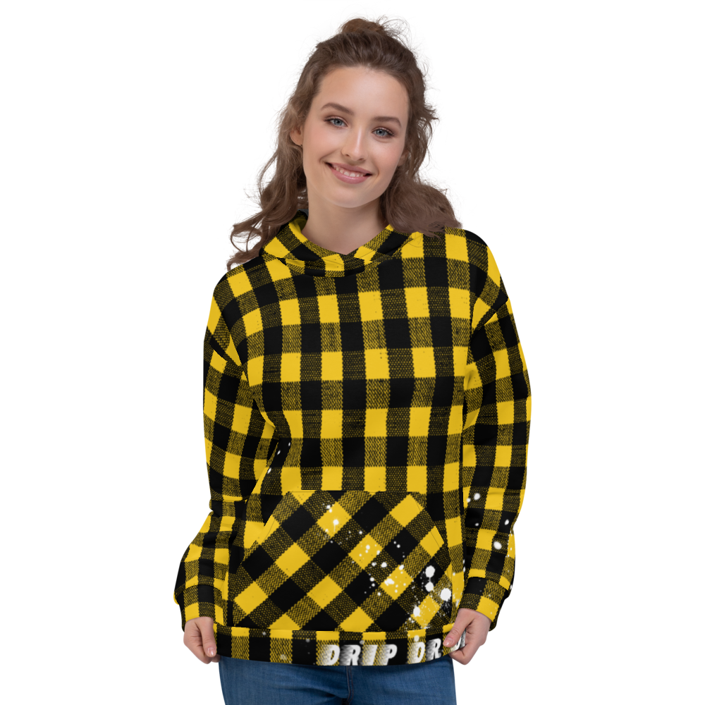CRXWN | Drip or Dye | Plaid Season 1 Unisex Hoodie Custom Buffalo Plaid Retro Grunge Paint Splatter 12 Retro Black UNIVERSITY GOLD