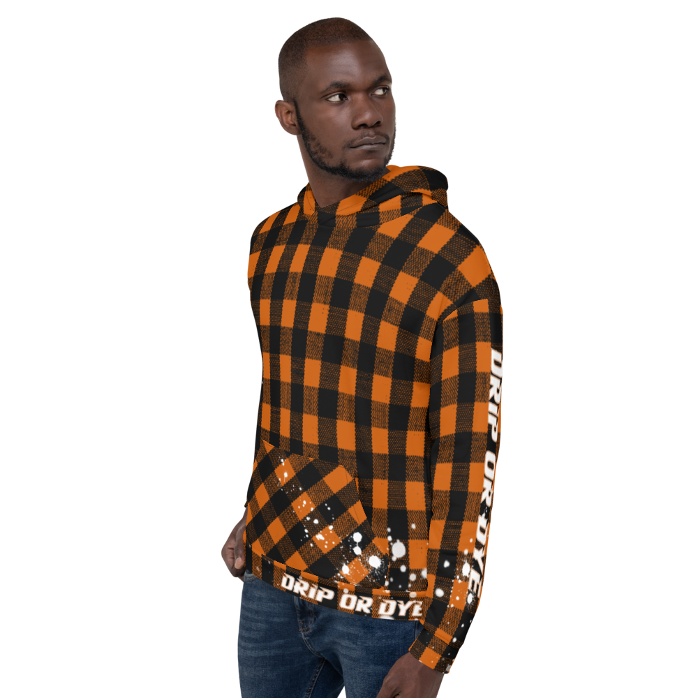 CRXWN | Drip or Dye | Plaid Season 1 Unisex Hoodie Custom Buffalo Plaid Retro Grunge Paint Splatter Sienna Orange Halloween