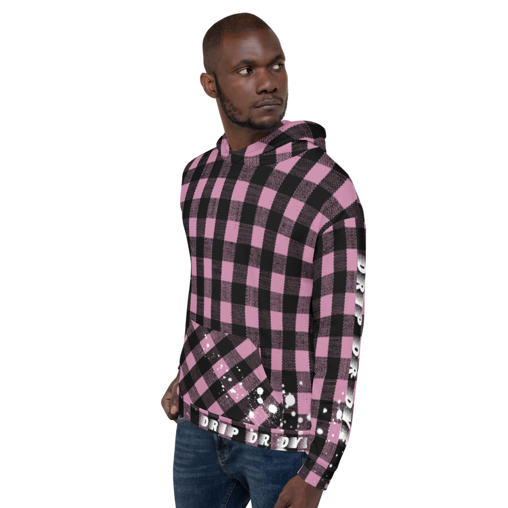 CRXWN | Drip or Dye | Plaid Season 1 Unisex Hoodie Custom Buffalo Plaid Retro Grunge Paint Splatter Digital Pink
