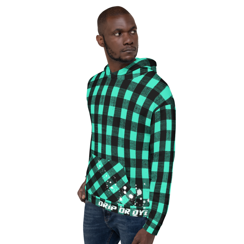 CRXWN | Drip or Dye | Plaid Season 1 Unisex Hoodie Custom Buffalo Plaid Retro Grunge Paint Splatter Seafoam Teal