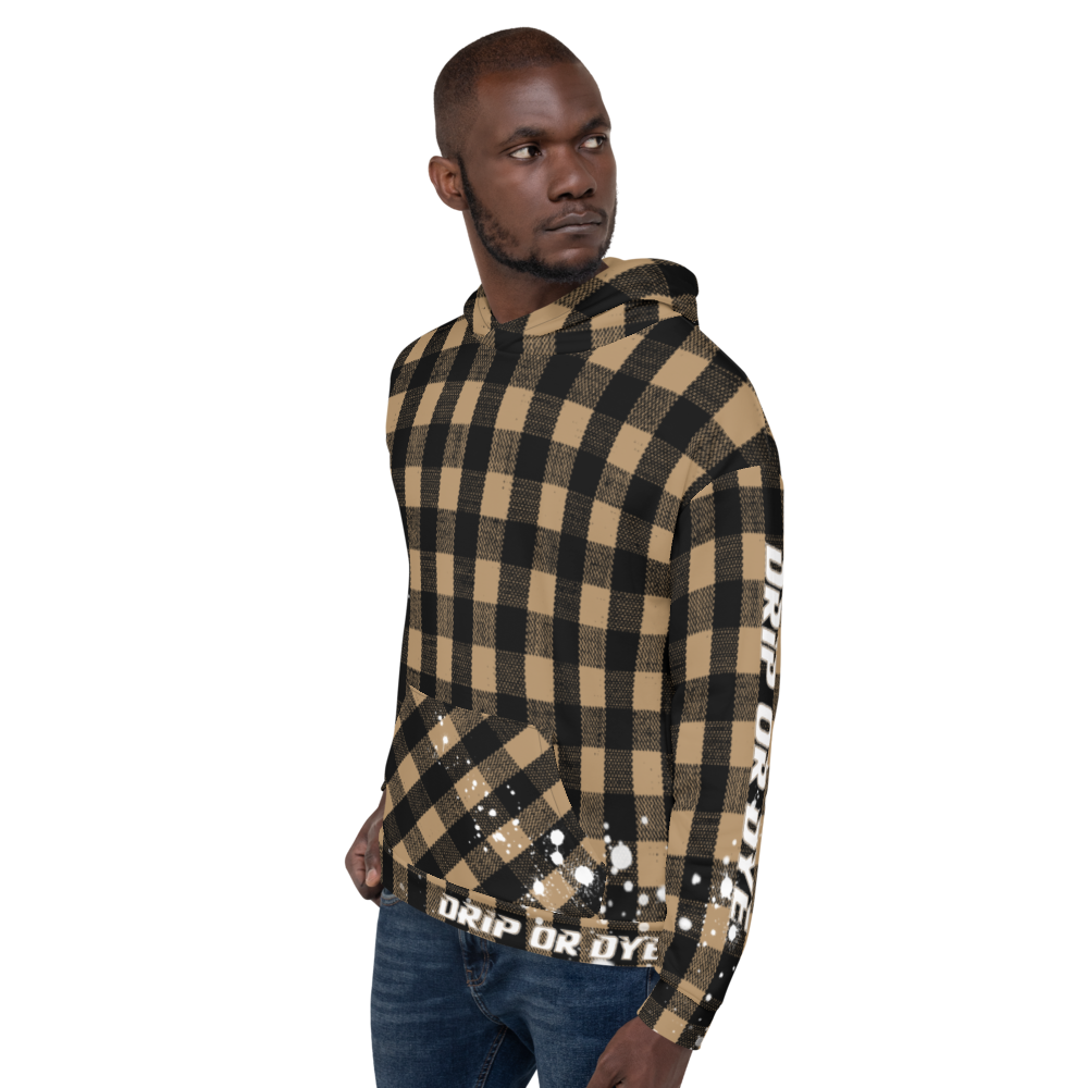 CRXWN | Drip or Dye | Plaid Season 1 Unisex Hoodie Custom Buffalo Plaid Retro Grunge Paint Splatter Tan Sands