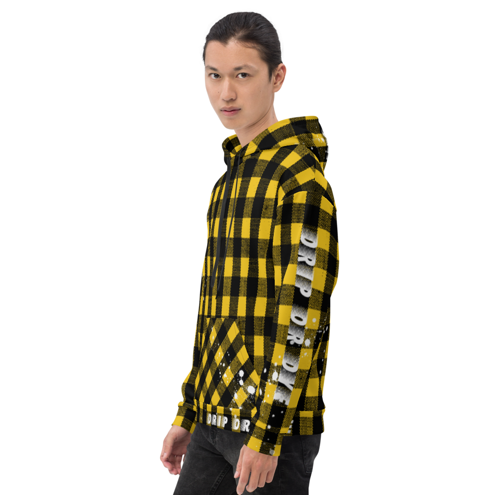 CRXWN | Drip or Dye | Plaid Season 1 Unisex Hoodie Custom Buffalo Plaid Retro Grunge Paint Splatter 12 Retro Black UNIVERSITY GOLD
