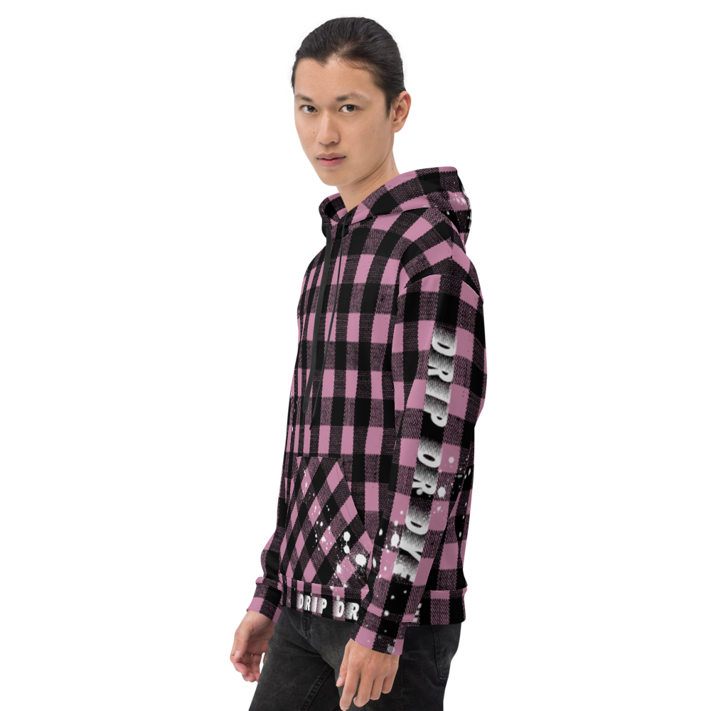 CRXWN | Drip or Dye | Plaid Season 1 Unisex Hoodie Custom Buffalo Plaid Retro Grunge Paint Splatter Digital Pink