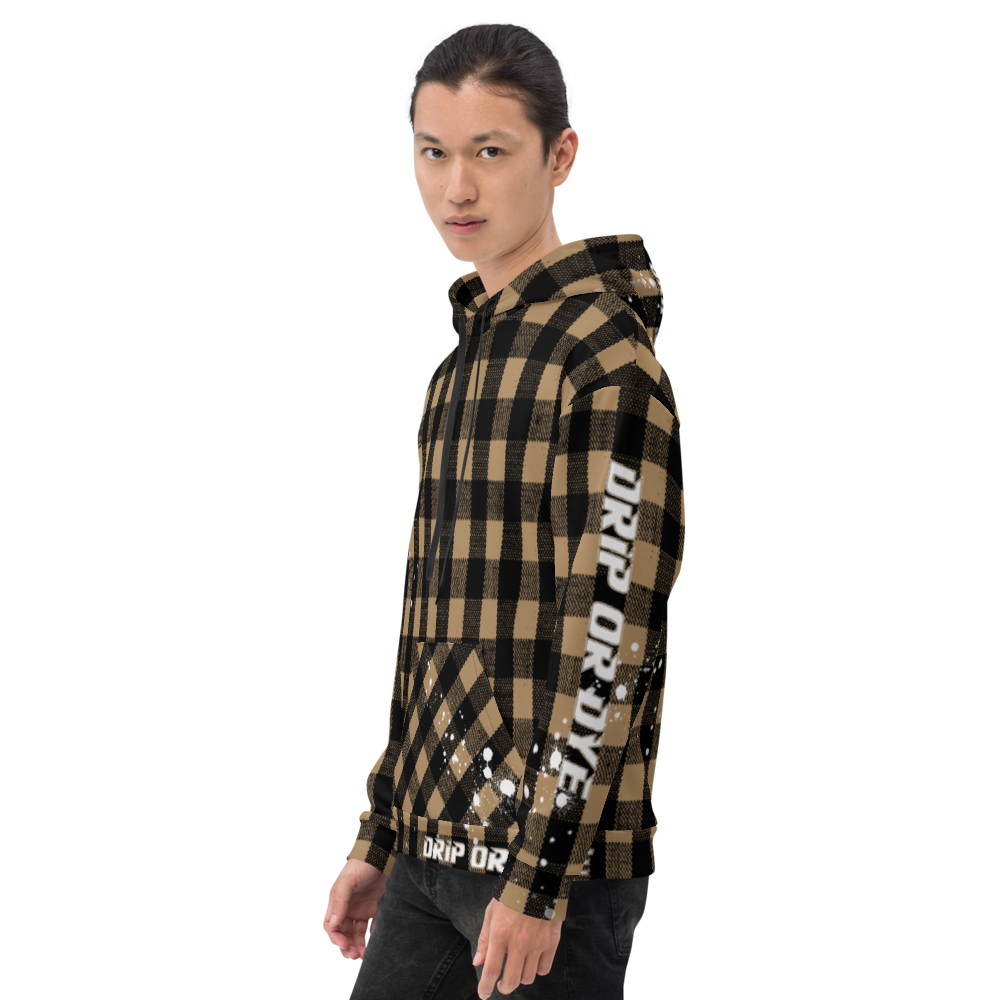 CRXWN | Drip or Dye | Plaid Season 1 Unisex Hoodie Custom Buffalo Plaid Retro Grunge Paint Splatter Tan Sands