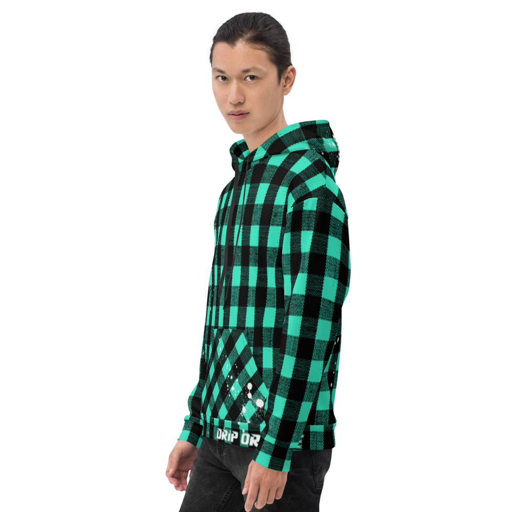 CRXWN | Drip or Dye | Plaid Season 1 Unisex Hoodie Custom Buffalo Plaid Retro Grunge Paint Splatter Seafoam Teal