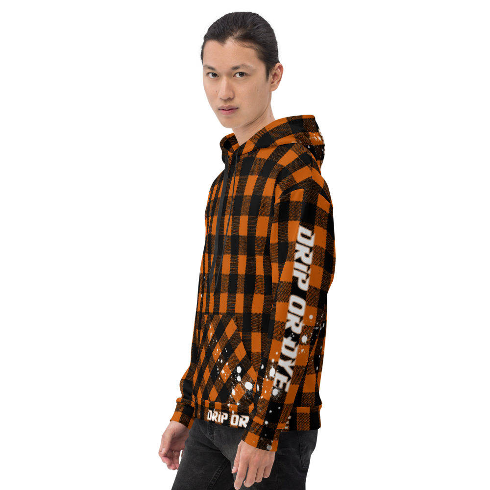 CRXWN | Drip or Dye | Plaid Season 1 Unisex Hoodie Custom Buffalo Plaid Retro Grunge Paint Splatter Sienna Orange Halloween