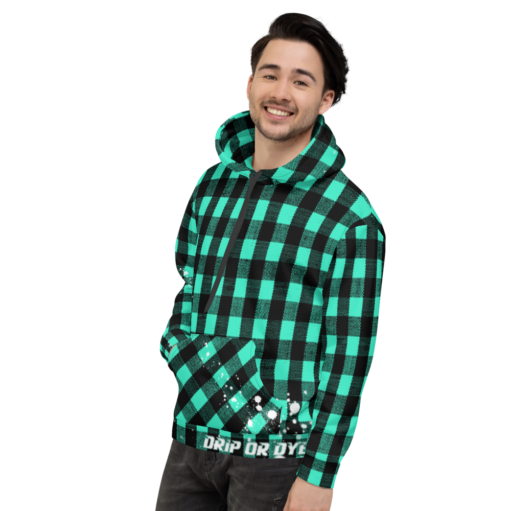CRXWN | Drip or Dye | Plaid Season 1 Unisex Hoodie Custom Buffalo Plaid Retro Grunge Paint Splatter Seafoam Teal