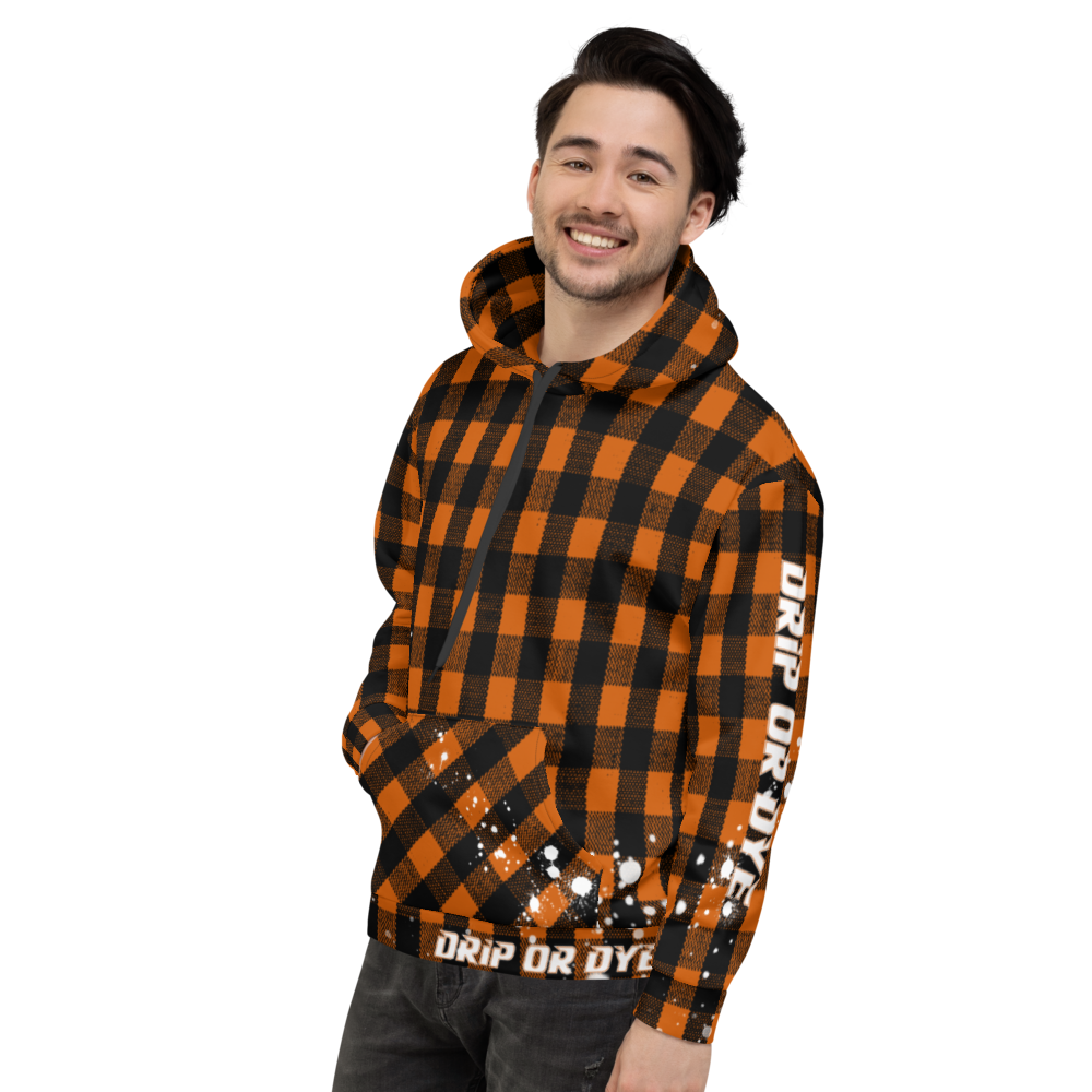 CRXWN | Drip or Dye | Plaid Season 1 Unisex Hoodie Custom Buffalo Plaid Retro Grunge Paint Splatter Sienna Orange Halloween