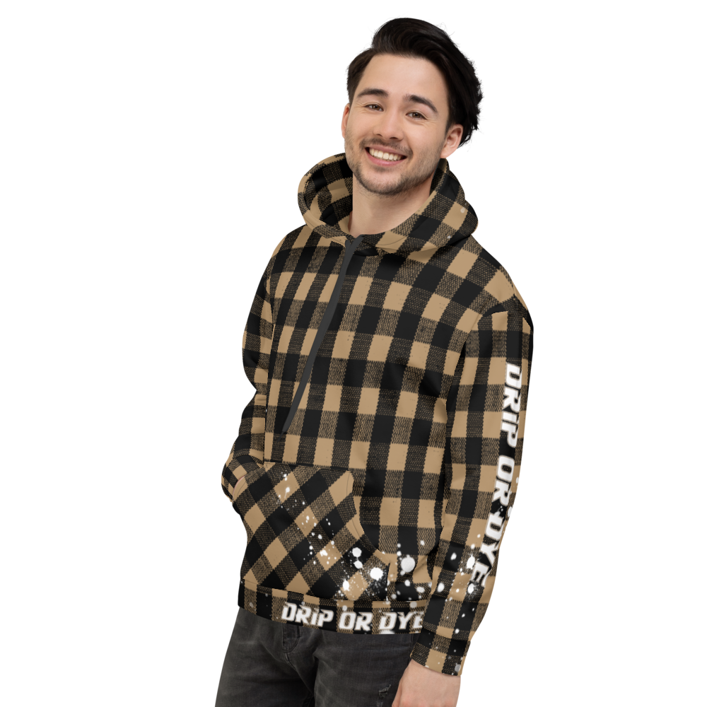 CRXWN | Drip or Dye | Plaid Season 1 Unisex Hoodie Custom Buffalo Plaid Retro Grunge Paint Splatter Tan Sands