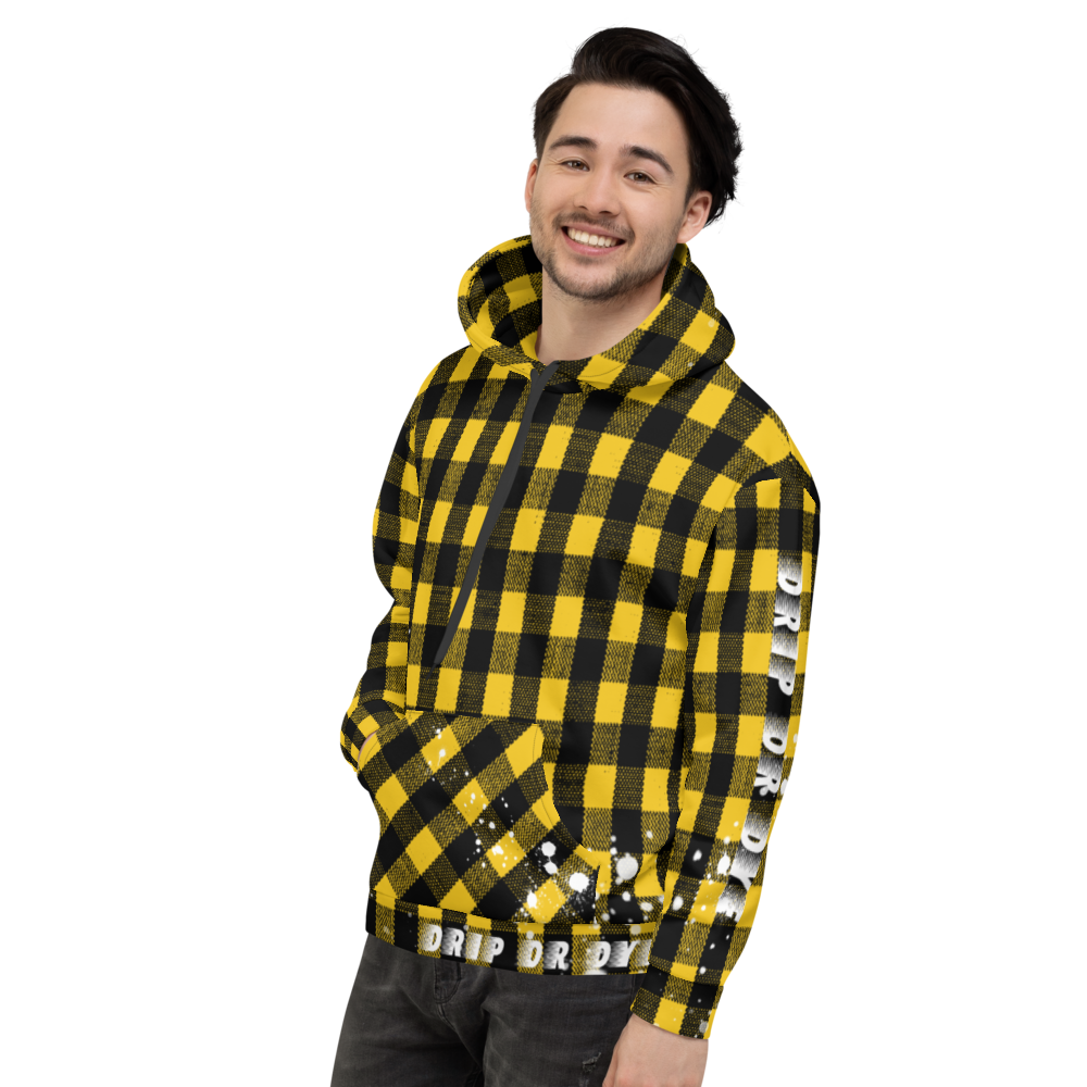 CRXWN | Drip or Dye | Plaid Season 1 Unisex Hoodie Custom Buffalo Plaid Retro Grunge Paint Splatter 12 Retro Black UNIVERSITY GOLD