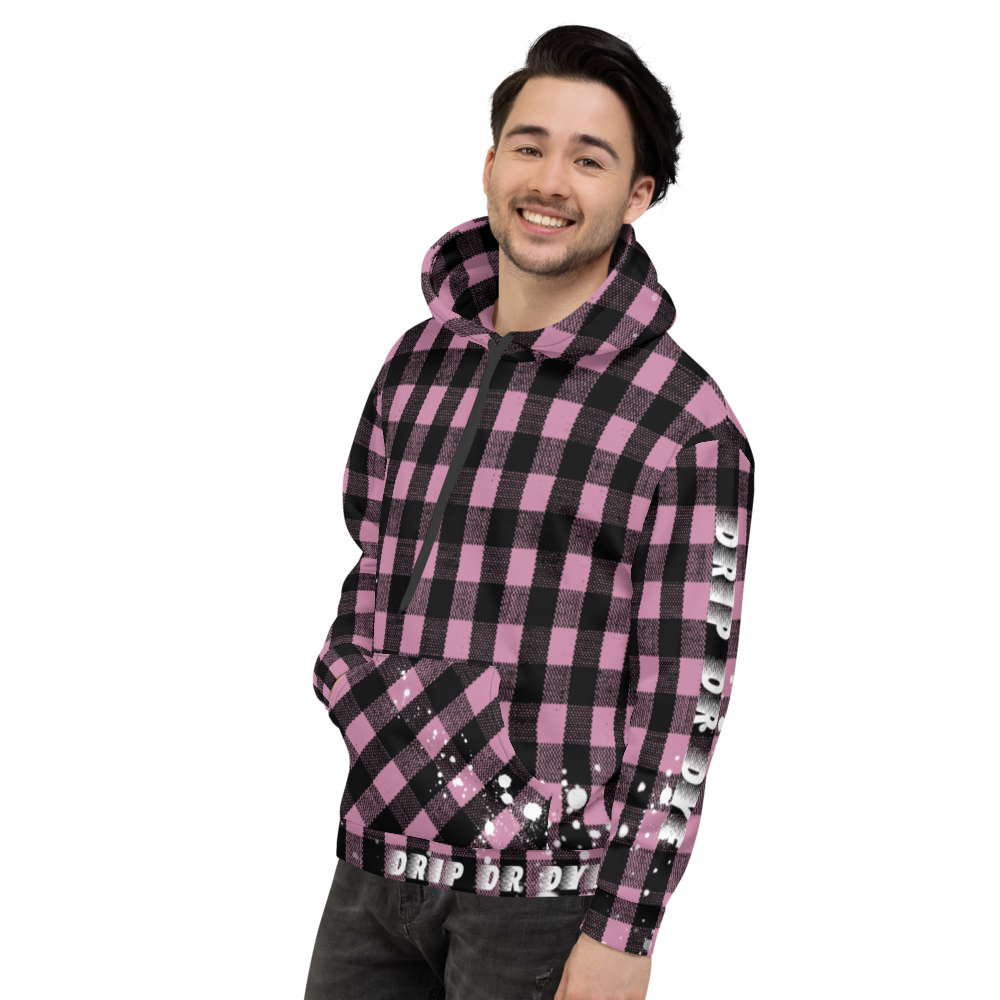 CRXWN | Drip or Dye | Plaid Season 1 Unisex Hoodie Custom Buffalo Plaid Retro Grunge Paint Splatter Digital Pink